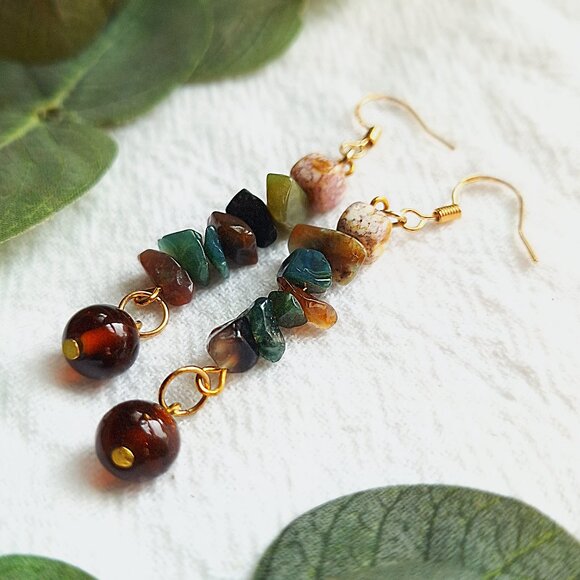 Indian Agate Crystal Earrings, Earthy Goblincore Earrings, Woodland Fairy Grunge - Picture 1 of 8